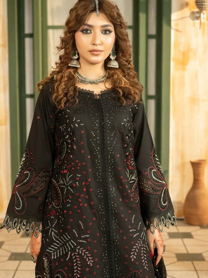 Lehran - U4B Women’s Stitched Embroidered Lawn Suit - 3 Pcs In Black